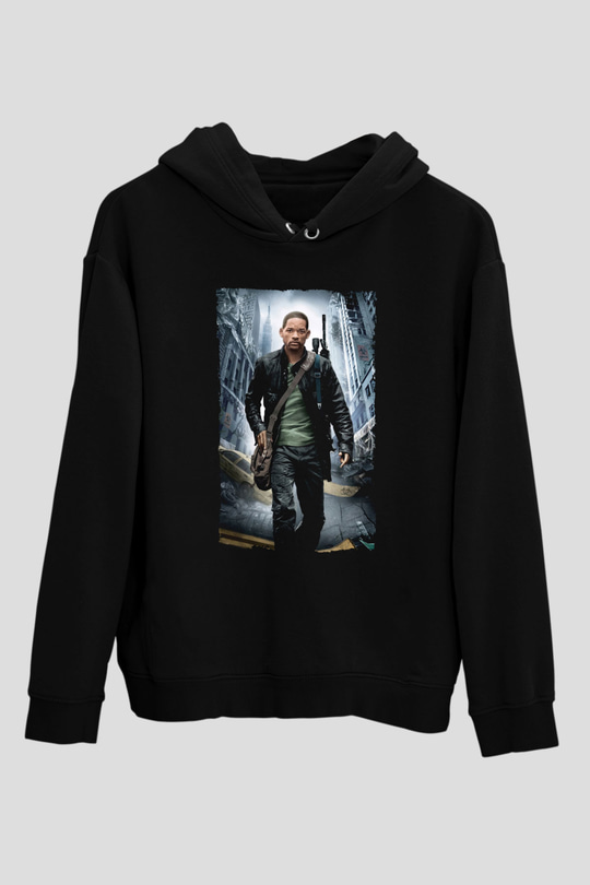 Unisex Ben Efsaneyim (I Am Legend) Baskılı Siyah Kapüşonlu Sweatshirt