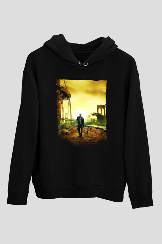 Unisex Ben Efsaneyim (I Am Legend) Baskılı Siyah Kapüşonlu Sweatshirt
