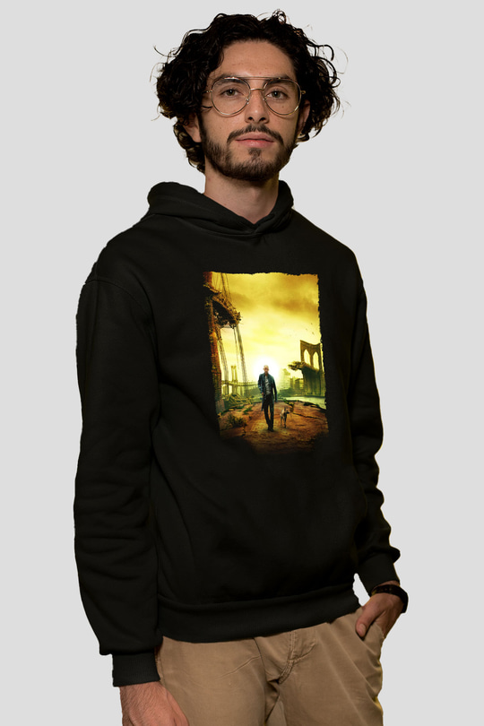 Unisex Ben Efsaneyim (I Am Legend) Baskılı Siyah Kapüşonlu Sweatshirt