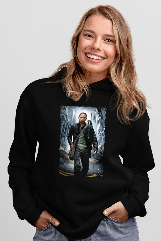Unisex Ben Efsaneyim (I Am Legend) Baskılı Siyah Kapüşonlu Sweatshirt