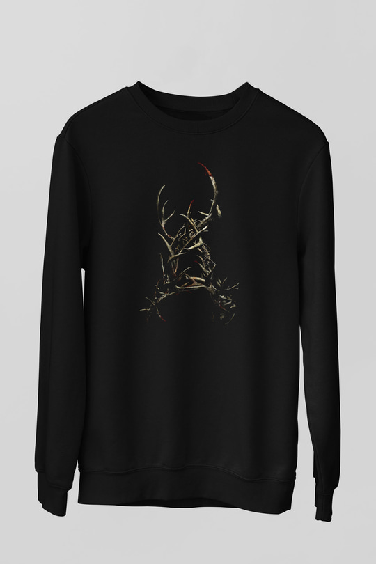 Unisex Boynuzlar (Antlers) Baskılı Siyah Sweatshirt