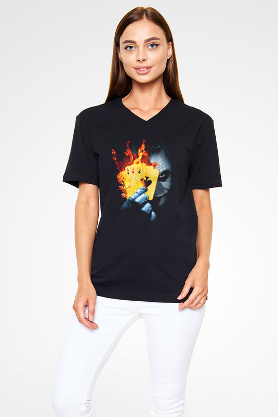 Unisex Burning Poker Joker Baskılı Siyah V Yaka T-shirt