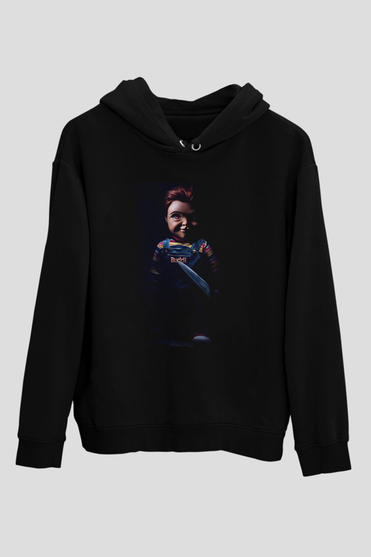 Unisex Chucky (Childs Play) Baskılı Siyah Kapüşonlu Sweatshirt
