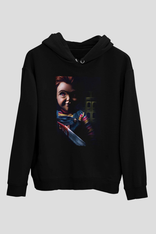 Unisex Chucky (Childs Play) Baskılı Siyah Kapüşonlu Sweatshirt