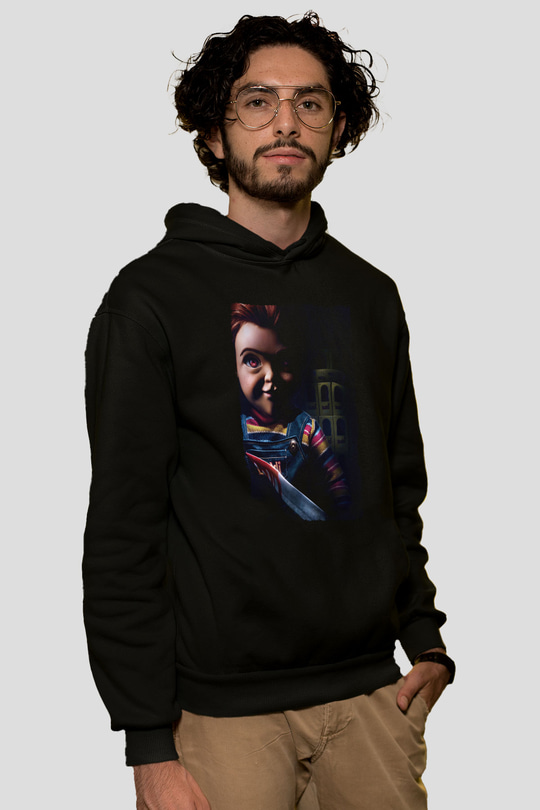 Unisex Chucky (Childs Play) Baskılı Siyah Kapüşonlu Sweatshirt