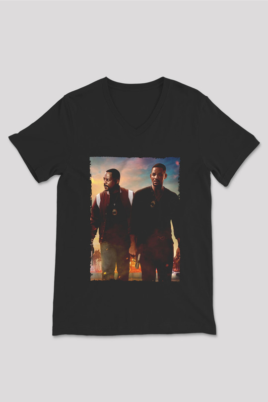 Unisex Çılgın İkili 3 (Bad Boys for Life) Baskılı Siyah V Yaka Tişört
