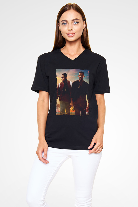 Unisex Çılgın İkili 3 (Bad Boys for Life) Baskılı Siyah V Yaka Tişört