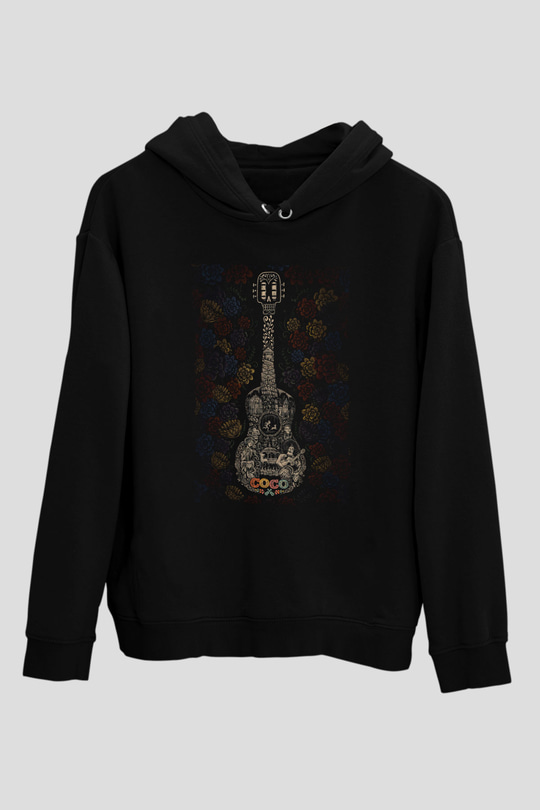 Unisex Coco Baskılı Siyah Kapüşonlu Sweatshirt