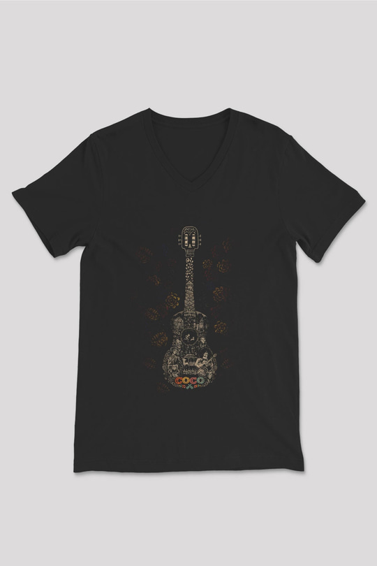Unisex Coco Baskılı Siyah V Yaka T-shirt