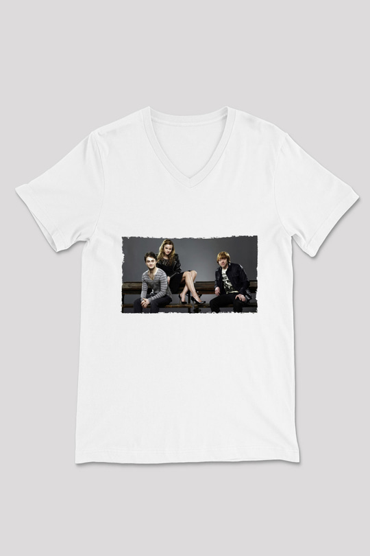 Unisex Daniel Radcliffe - Emma Watson and Rupert Grint Baskılı Beyaz V Yaka Tişört