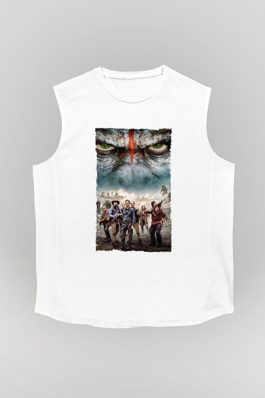 Unisex Dawn of the Planet of the Apes - Maymunlar Cehennemi Şafak Vakti Baskılı Beyaz Kolsuz Tshirt