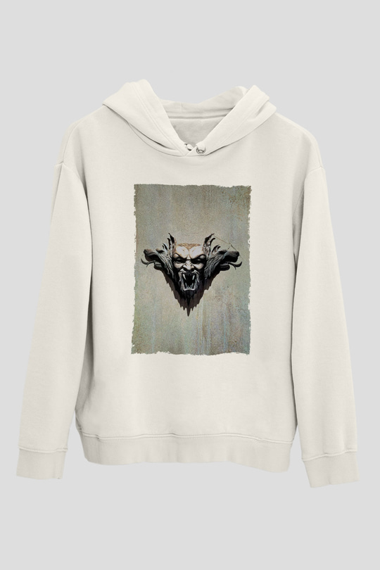 Unisex Drakula Baskılı Beyaz Kapüşonlu Sweatshirt