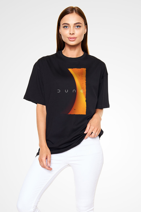 Unisex Dune Baskılı Siyah Oversize T-shirt