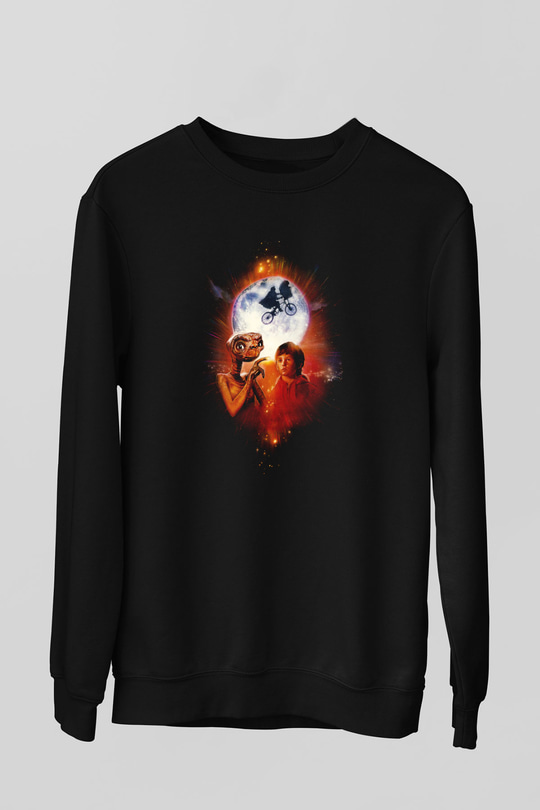Unisex E.T. (E.T. the Extra-Terrestrial) Baskılı Siyah Sweatshirt
