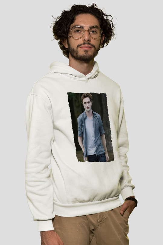 Unisex Edward Cullen Baskılı Beyaz Kapüşonlu Sweatshirt
