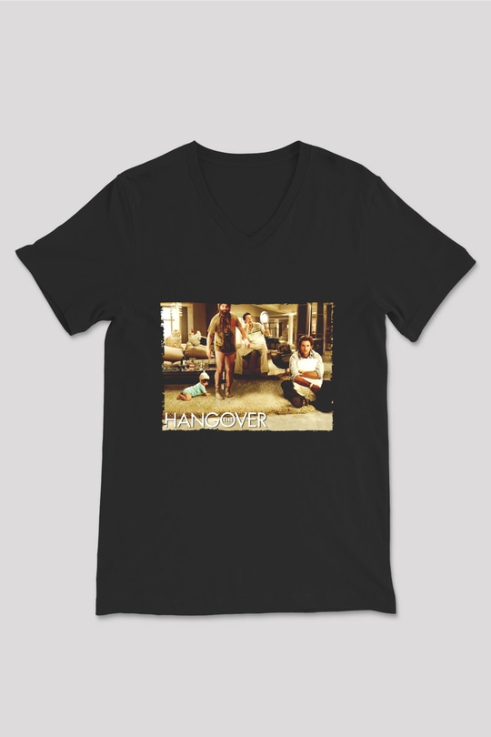 Unisex Felekten Bir Gece (The Hangover) Baskılı Siyah V Yaka Tshirt
