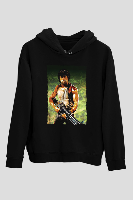 Unisex First Blood Baskılı Siyah Kapüşonlu Sweatshirt
