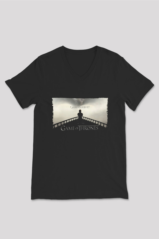 Unisex Game of Thrones Baskılı Siyah V Yaka Tişört