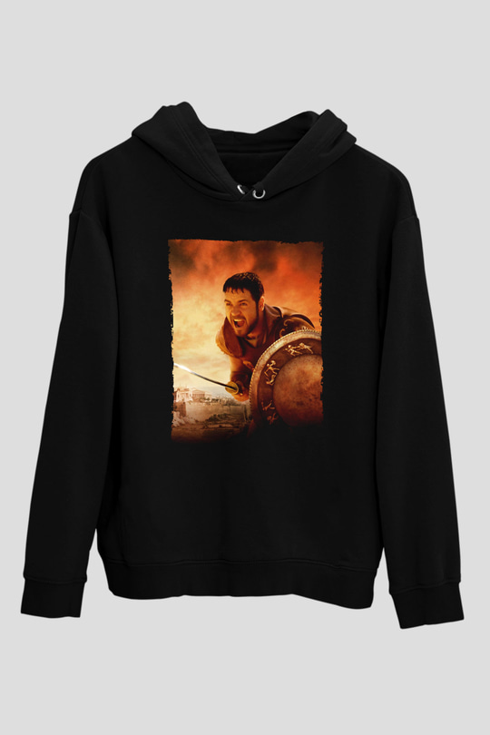Unisex Gladyatör Baskılı Siyah Kapüşonlu Sweatshirt
