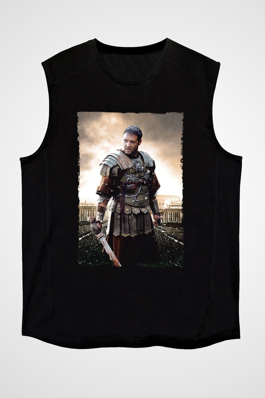 Unisex Gladyatör Baskılı Siyah Kolsuz T-shirt