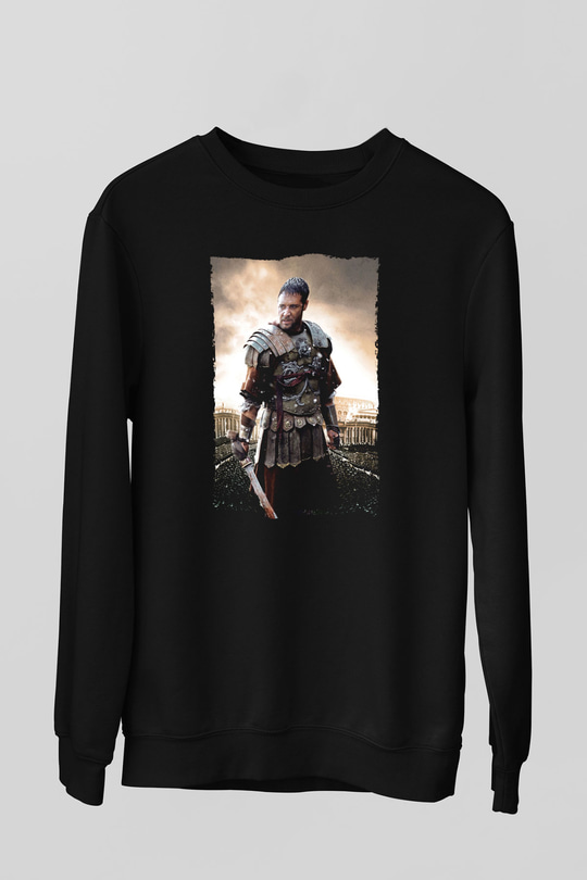Unisex Gladyatör Baskılı Siyah Sweatshirt