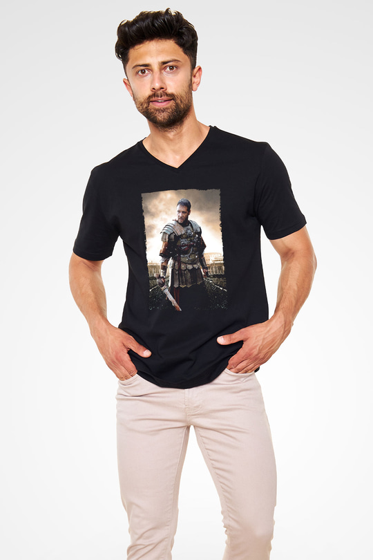 Unisex Gladyatör Baskılı Siyah V Yaka T-shirt