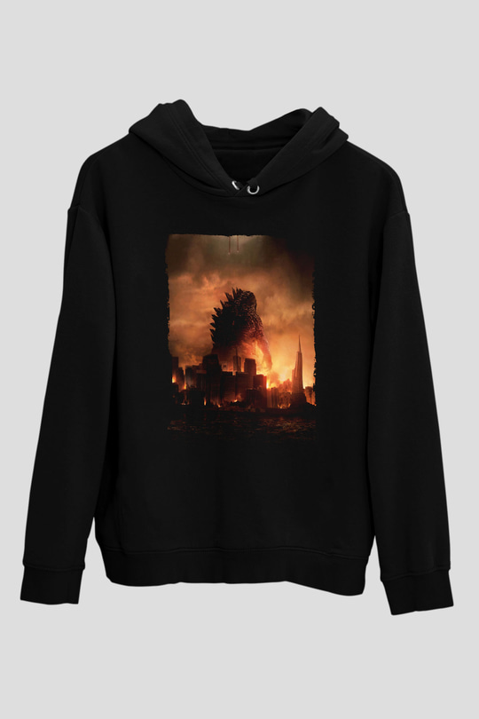 Unisex Godzilla Baskılı Siyah Kapüşonlu Sweatshirt