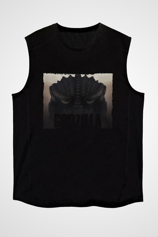 Unisex Godzilla Baskılı Siyah Kolsuz T-shirt