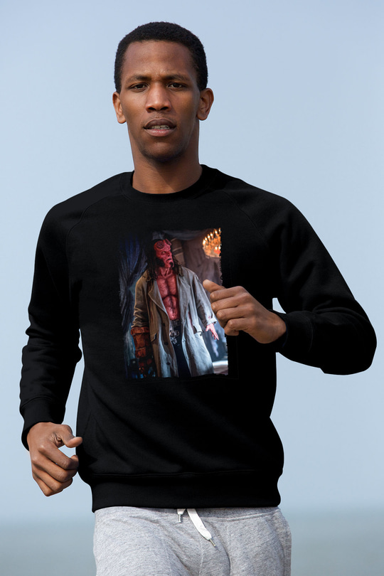 Unisex Hellboy Baskılı Siyah Sweatshirt