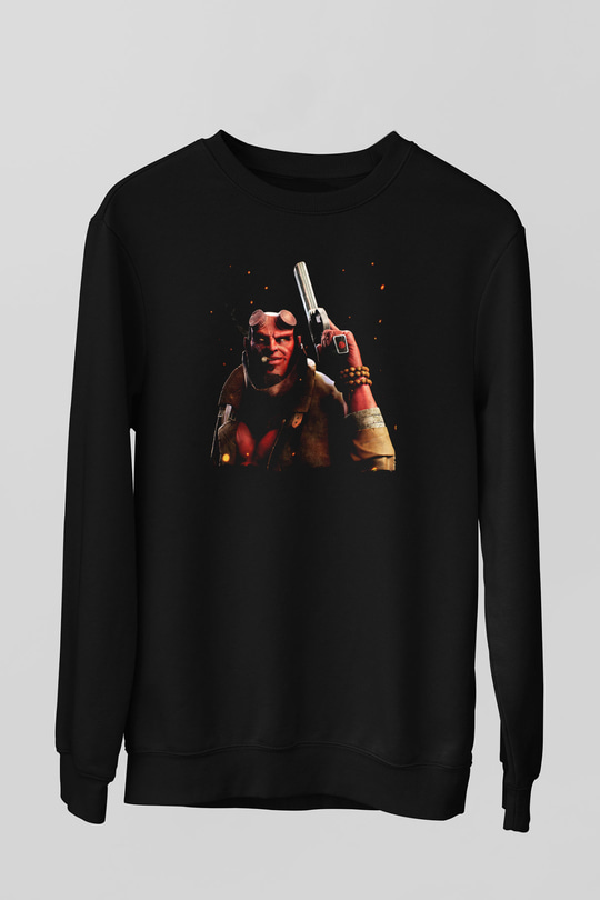 Unisex Hellboy Baskılı Siyah Sweatshirt