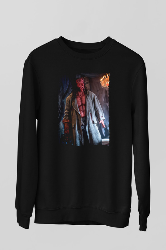 Unisex Hellboy Baskılı Siyah Sweatshirt
