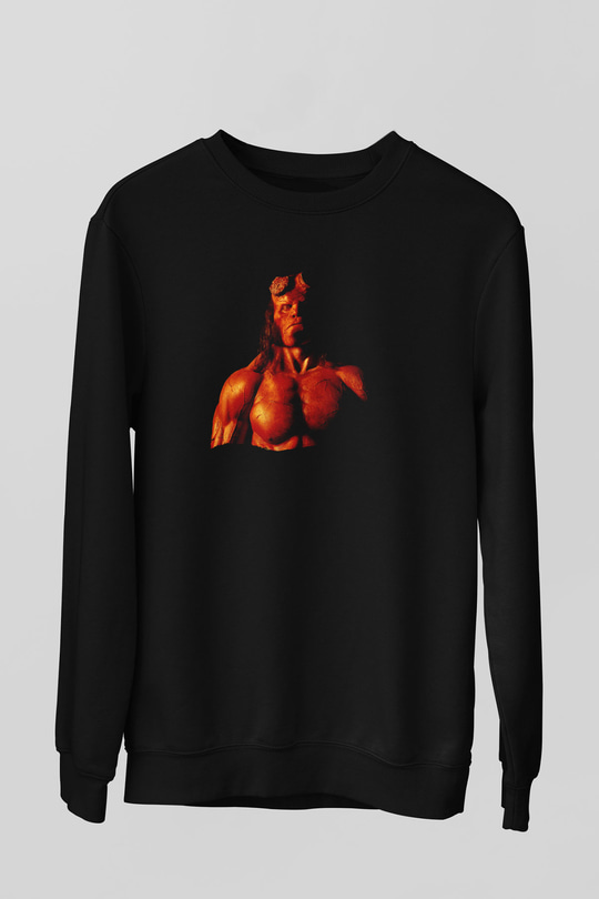 Unisex Hellboy Baskılı Siyah Sweatshirt