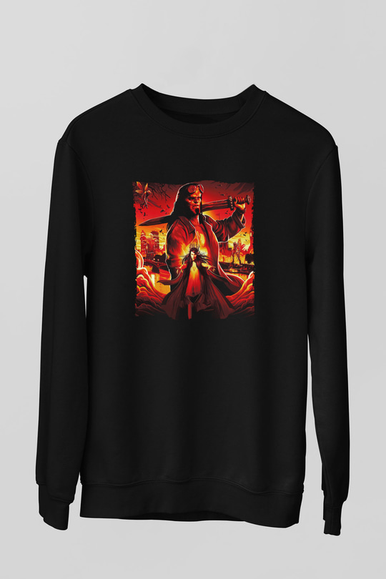 Unisex Hellboy Baskılı Siyah Unisex Sweatshirt