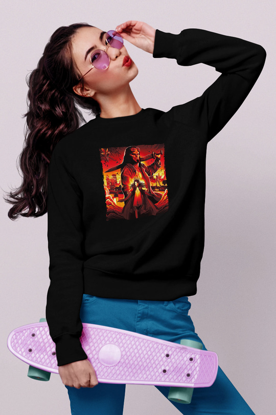 Unisex Hellboy Baskılı Siyah Unisex Sweatshirt