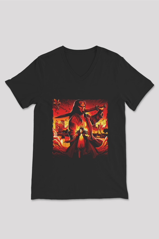 Unisex Hellboy Baskılı Siyah Unisex V Yaka T-shirt
