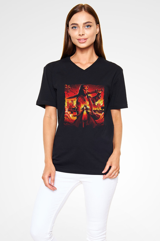 Unisex Hellboy Baskılı Siyah Unisex V Yaka T-shirt