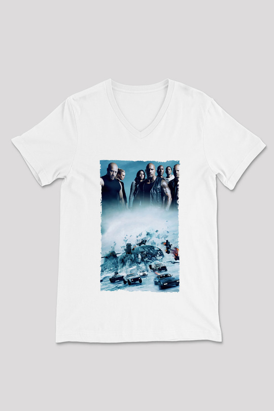 Unisex Hızlı ve Öfkeli 8 (The Fate of the Furious) Baskılı Beyaz V Yaka Tshirt