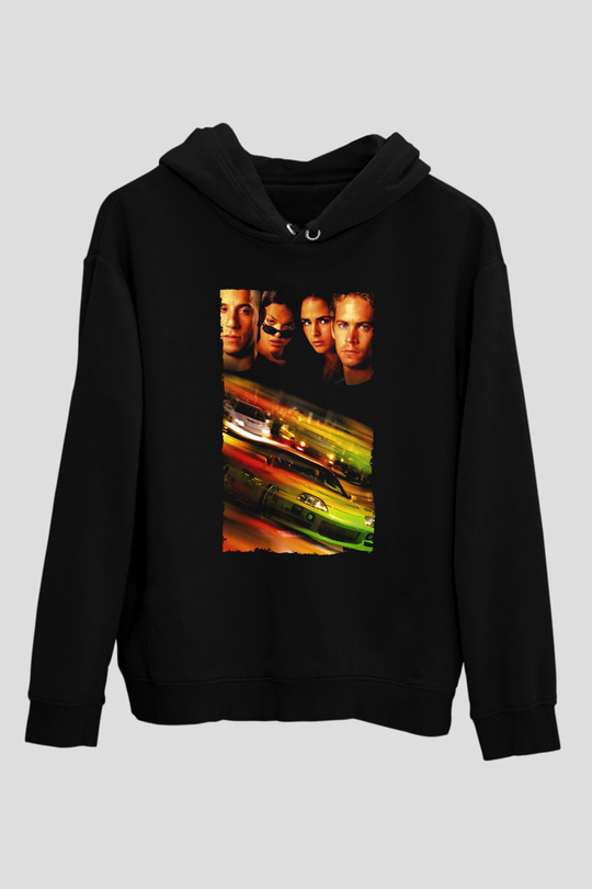 Unisex Hızlı ve Öfkeli (Fast & Furious) Baskılı Siyah Unisex Kapüşonlu Sweatshirt
