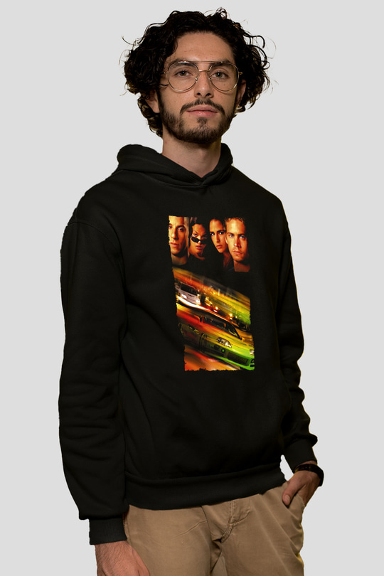 Unisex Hızlı ve Öfkeli (Fast & Furious) Baskılı Siyah Unisex Kapüşonlu Sweatshirt