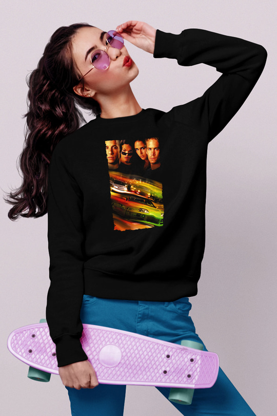 Unisex Hızlı ve Öfkeli (Fast & Furious) Baskılı Siyah Unisex Sweatshirt