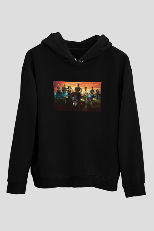 Unisex Hızlı ve Öfkeli (Fast & Furious) Baskılı Siyah Kapüşonlu Sweatshirt
