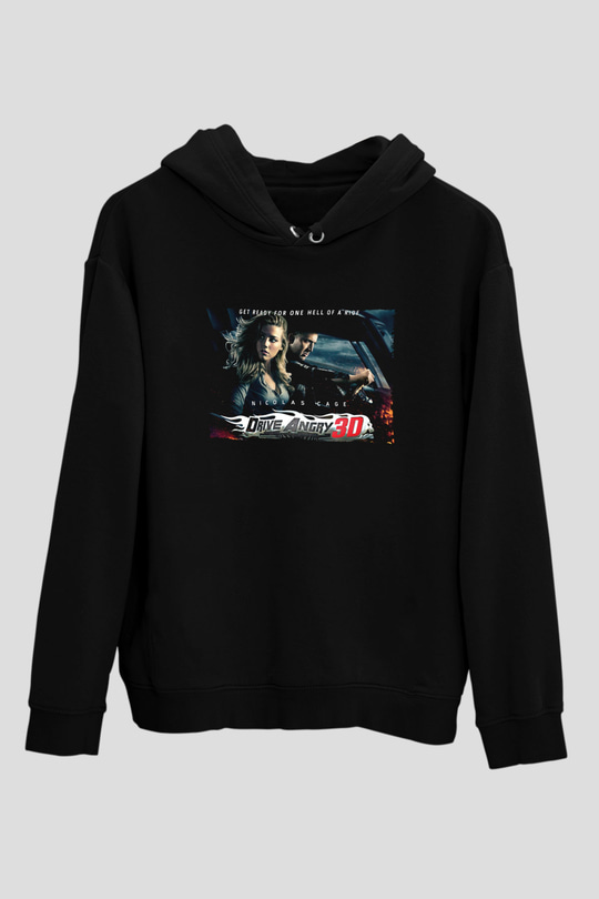 Unisex İntikam Yolu (Drive Angry) Baskılı Siyah Kapüşonlu Sweatshirt