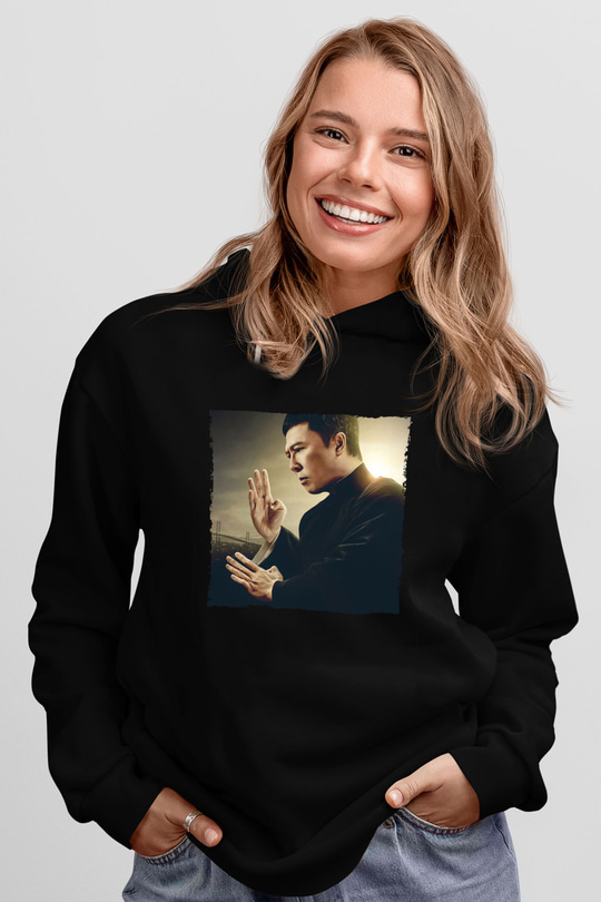 Unisex Ip Man Baskılı Siyah Kapüşonlu Sweatshirt