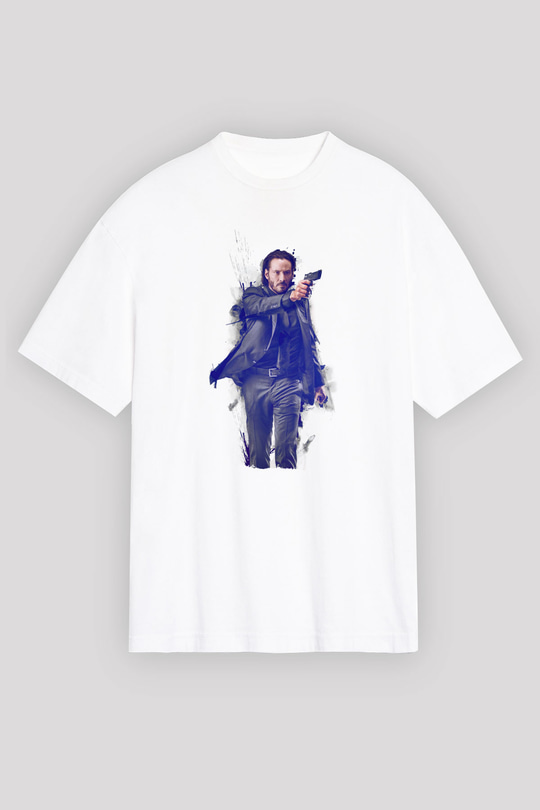 Unisex John Wick Baskılı Beyaz Oversize Tişört
