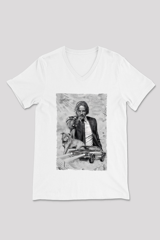 Unisex John Wick Baskılı Beyaz V Yaka Tshirt