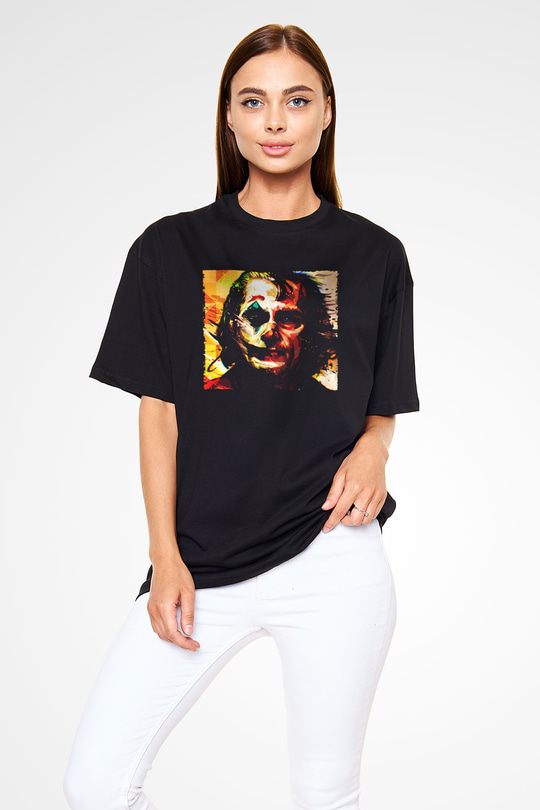 Unisex Joker Temalı Baskılı Siyah Oversize Tshirt