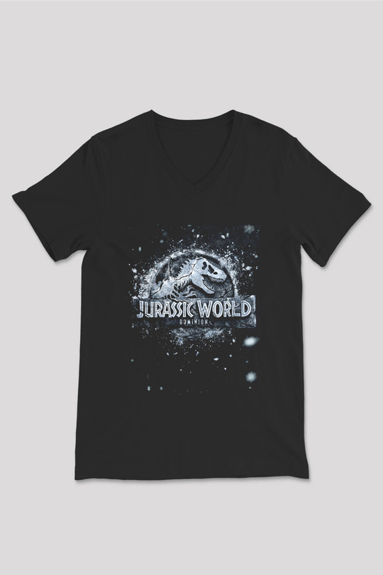 Unisex Jurassic World Hâkimiyet (Jurassic World Dominion) Baskılı Siyah V Yaka Tişört