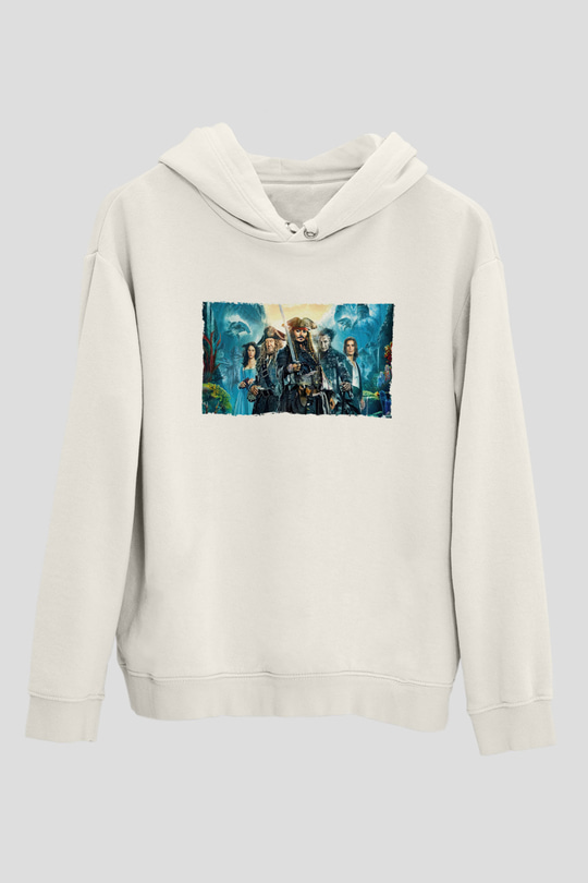 Unisex Karayip Korsanları (Pirates of the Caribbean) Baskılı Beyaz Kapüşonlu Sweatshirt