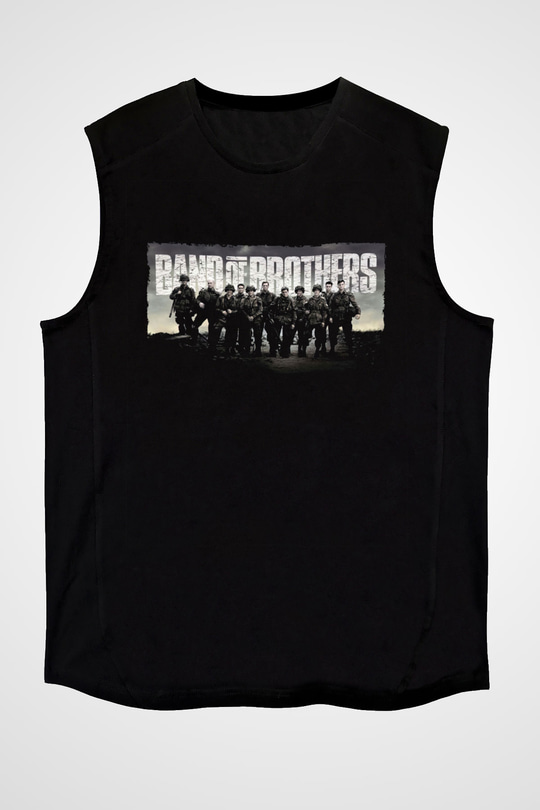 Unisex Kardeşler Takımı (Band of Brothers) Baskılı Siyah Kolsuz Tshirt