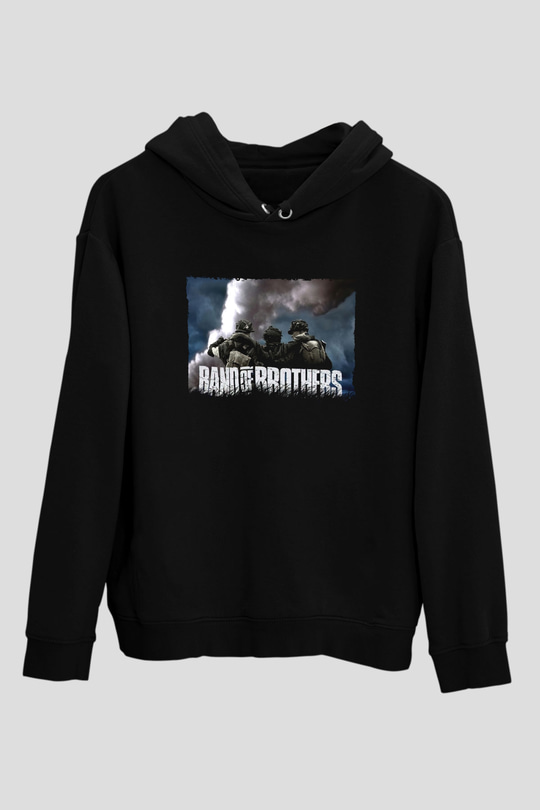 Unisex Kardeşler Takımı (Band of Brothers) Baskılı Siyah Kapüşonlu Sweatshirt